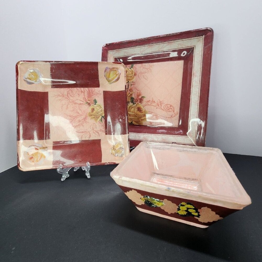 Handmade Unique Mod Podge Glass Plates and Bowl Set Maroon & Roses Design